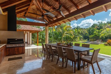 A beautiful terrace lounge with a pergola and a wooden table and chairs
