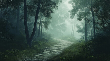 Obraz premium A forest path is shown in the image, with a tree in the foreground