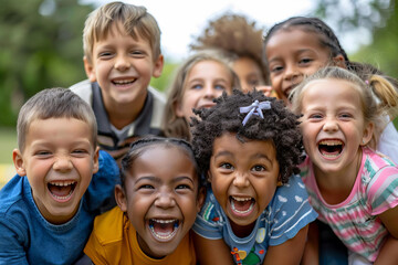 Fototapeta premium Group of happy diverse children laughing together outdoors.