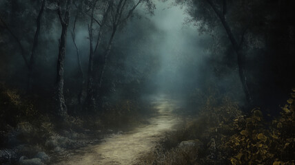 A forest path is shown in the image, with a tree in the foreground