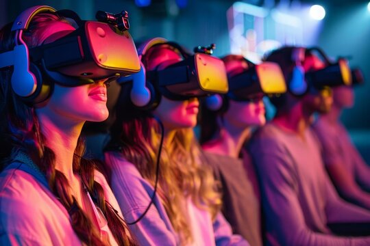 Group of people wearing VR virtual reality headset in Entertainment theater night club background