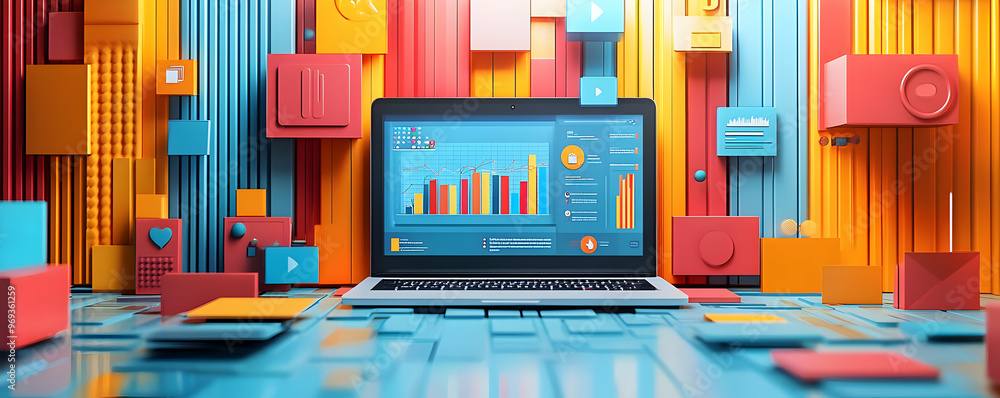 Poster 3d illustration of laptop with graphs and charts on a colorful abstract background