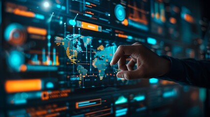 Analyst Reviewing Digital Data Map for Business Analysis, Copy Space