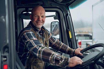 Naklejka premium Happy truck driver entering his vehicle cabin, looking at the camera with a smile