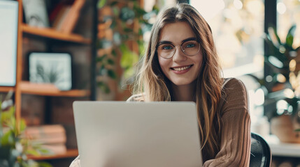 Happy young woman working remotely on a virtual video team meeting call, representing remote work and flexible culture with copy space