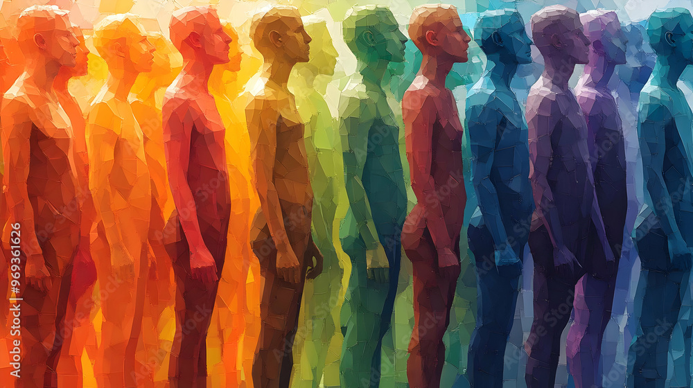 Canvas Prints A colorful arrangement of abstract human figures in a gradient spectrum.