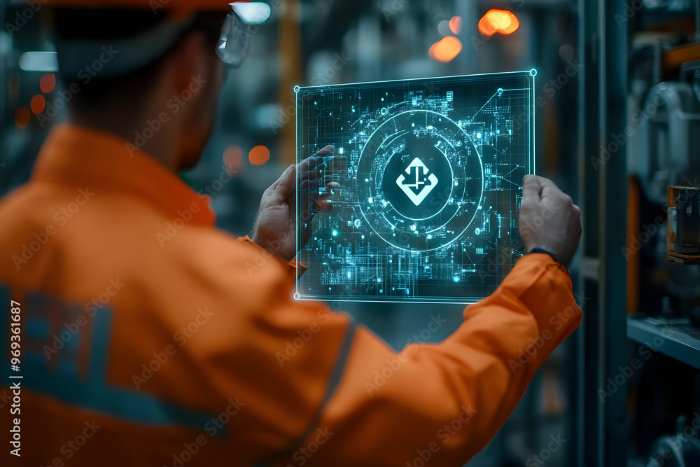 Aufkleber industrial engineer uses futuristic transparent tablet computer with holographic software in factory