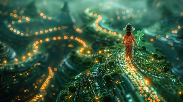 High tech leprechaun with an LED clover, navigating a digital emerald landscape, St Patrick theme