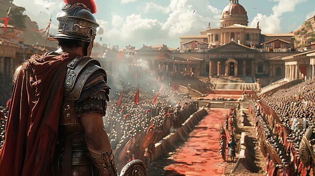 High tech Roman gladiator in an augmented reality arena, fighting robotic beasts, crowd roaring digitally