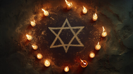 A lit candle is placed in the center of a star of David