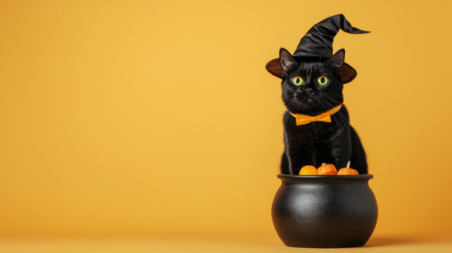 Black cat in a witchs hat sitting in front of a cauldron filled with glowing potions, witch cat, mystical Halloween pet