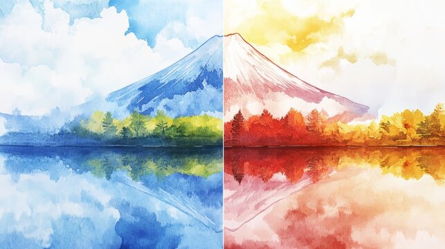 Transparent watercolor image split into four sections by three lines showing Mount Fuji is seasonal changes: spring, summer, autumn, and winter with vibrant, clear colors