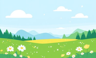 The green grass is barbeque grilling at a park or forest, trees and bushes, flowers scenery background, nature lawn ecology peace modern illustration of the forest nature happy funny picnic cartoon