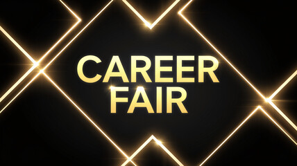 Sleek career fair poster featuring bold gold typography with radiant glowing lines on a black background, creating a modern and luxurious promotional design for professional recruitment events

