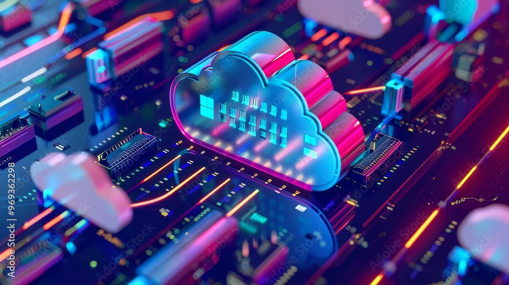 Poster abstract cloud computing concept with neon glowing cloud on a circuit board.