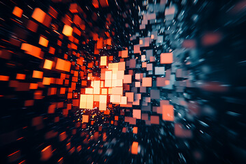 Obraz premium Abstract digital binary concept of half a shield dissolving into square fragments, transitioning from large to small