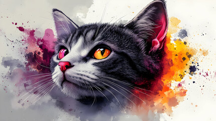 A colorful artistic depiction of a cat's head with vibrant splashes of color.
