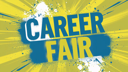 Dynamic career fair poster with bold blue and yellow typography, featuring explosive paint splatters and spray effects on a vibrant background, creating an energetic and creative event promotion

