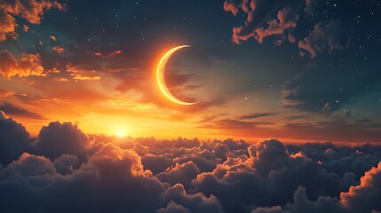 Crescent Moon Above Golden Sunset Clouds