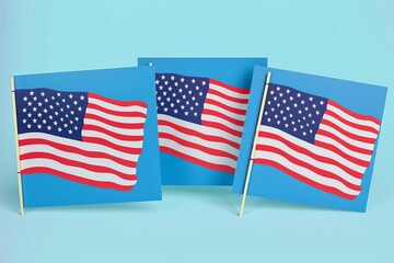 Obraz premium Independence Day celebration banners set 4th of July greeting cards with waving American national flag on a blue background USA patriotic holiday