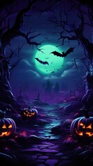 A spooky Halloween scene featuring glowing pumpkins, bats, and a full moon in a dark forest.
