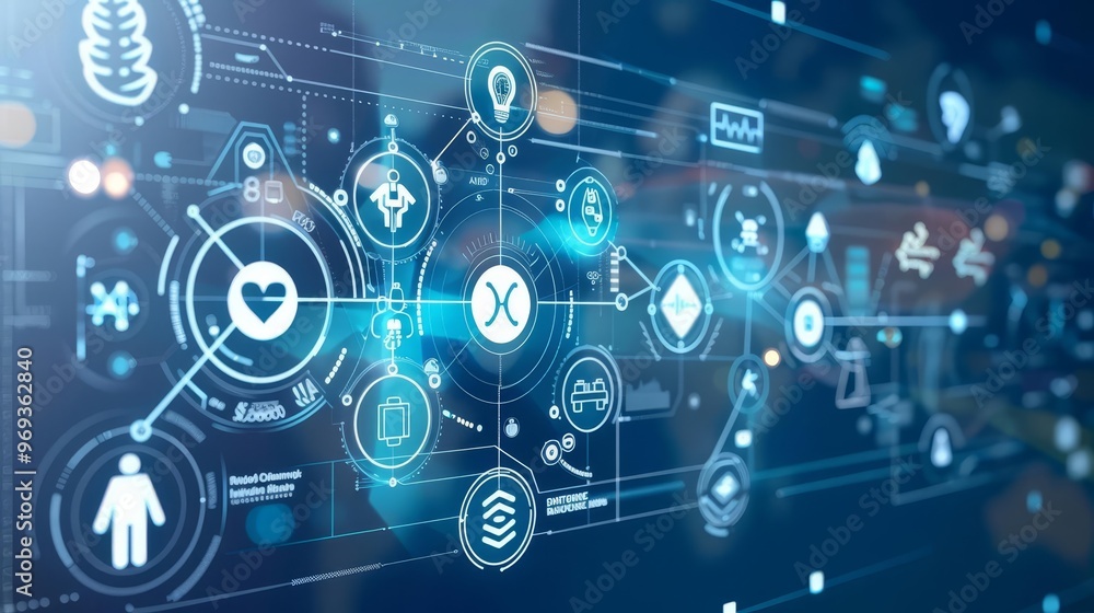 Poster abstract digital interface with icons representing innovation, technology, and progress.