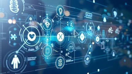 Obraz premium Abstract digital interface with icons representing innovation, technology, and progress.