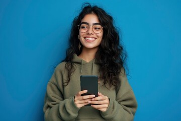 Fototapeta premium Young curious smiling happy pretty latin woman holding mobile phone, doing online shopping on cell, using apps on cellphone looking aside at with generative ai