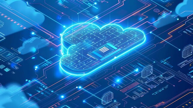 Abstract cloud computing concept with glowing circuit board and data network.