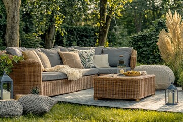 An L-shaped wicker sofa in the garden with grey pillows