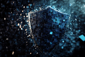 Obraz premium Abstract digital binary concept of half a shield dissolving into square fragments, transitioning from large to small