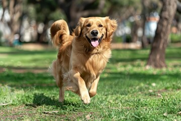 Obraz premium Golden Retriever running happily in a park.