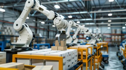 Logistics automation with robotic arms sorting packages in a high-tech warehouse setting with copy space