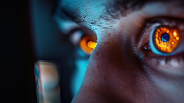 Macro shot of eyes reflecting a computer screen, highlighting the digital ages impact on human connection and isolation