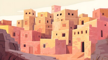 A 2D flat abstract illustration of an ancient town with stone buildings, narrow streets, and faded colors, set against a desert backdrop