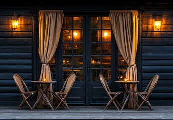 At night, a beautiful view of an outdoor terrace at a modern café