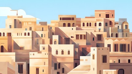 A 2D flat abstract illustration of an ancient town with stone buildings, narrow streets, and faded colors, set against a desert backdrop