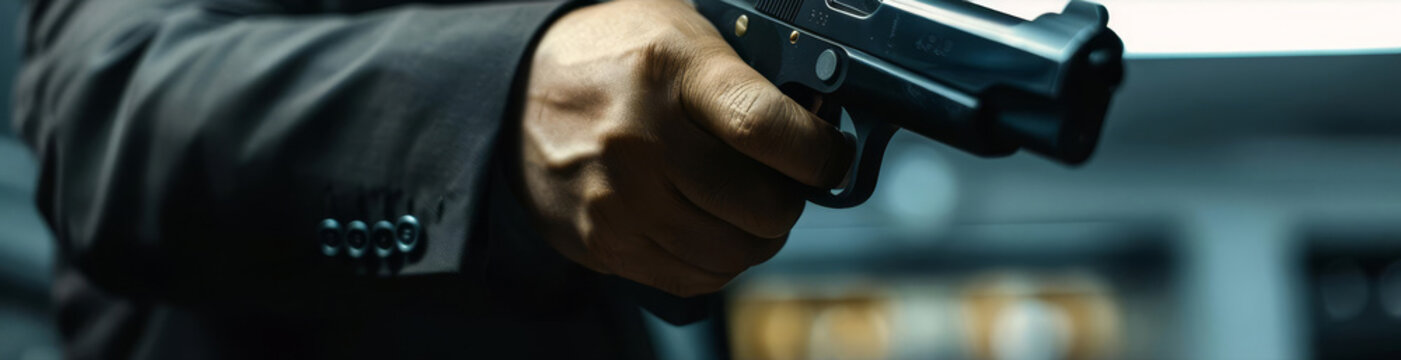 Man holding a gun in a dramatic stance Represents a robbery or confrontation with copy space