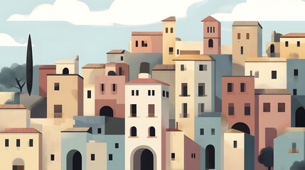 Naklejka premium A flat 2D abstract view of an ancient town with simple geometric houses, stone towers, and arches in muted colors