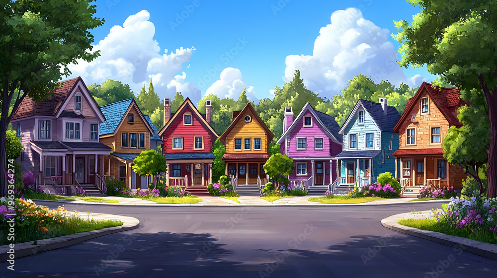 Canvas Prints A colorful row of quaint houses along a sunny street with lush greenery.