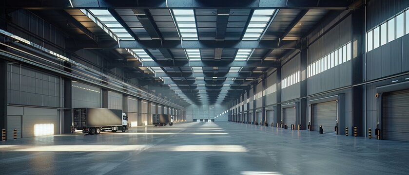 Modern logistics hub, vast, uncluttered with skylights, ready for bustling activity