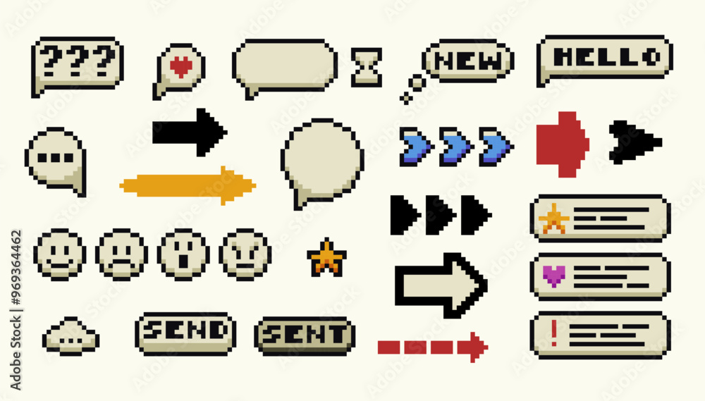 Poster a set of pixels elements. y2k trendy stickers. mood of 90's aesthetics. 8-bit retro style vector ill