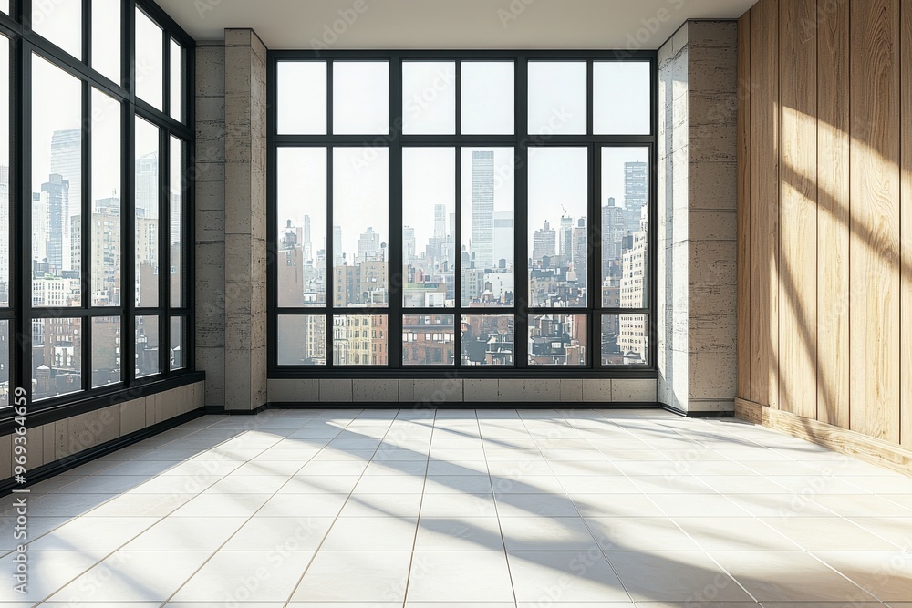 Poster three-dimensional rendering of a blank concrete tiles floor for car presentation with city skyscrape