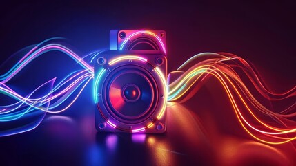 Neon glowing speakers with light trails on dark background.