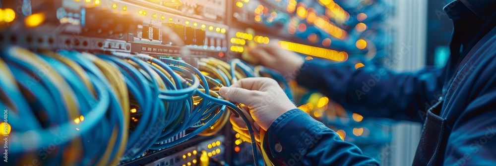 Poster technician working on server rack with cables.