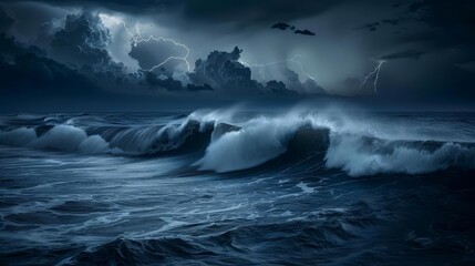 Obraz premium Dramatic stormy seascape with lightning striking a mountain range in the distance.