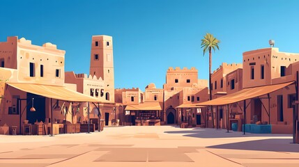 Fototapeta premium A minimalistic 2D flat ancient town with a central square, simple market stalls, and earthy brown tones against a deep blue sky