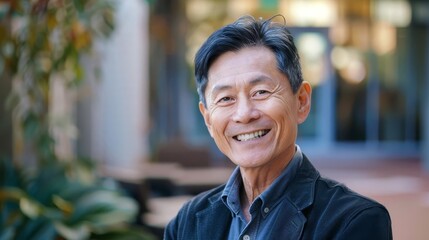Fototapeta premium Portrait of a smiling, mature Asian man, exuding confidence and wisdom with copy space