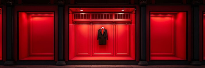 Template for red storefront boutique design in a vintage European style vitrine, perfect for stylish displays with copy space