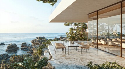 Fototapeta premium A modern terrace with ocean views and stock.